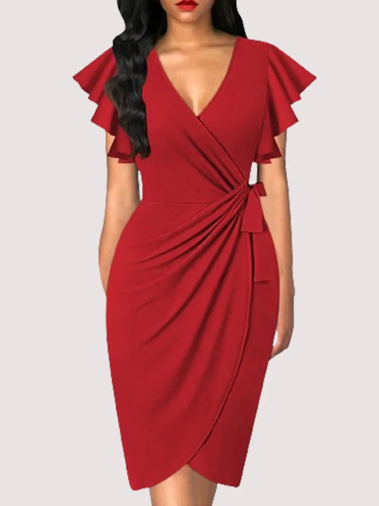 Summer Elegant Bodycom Dress Lady V-Neck Petal Sleeve Dress Solid Color Pleated Work Robe Clothes