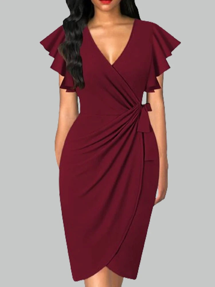 Summer Elegant Bodycom Dress Lady V-Neck Petal Sleeve Dress Solid Color Pleated Work Robe Clothes