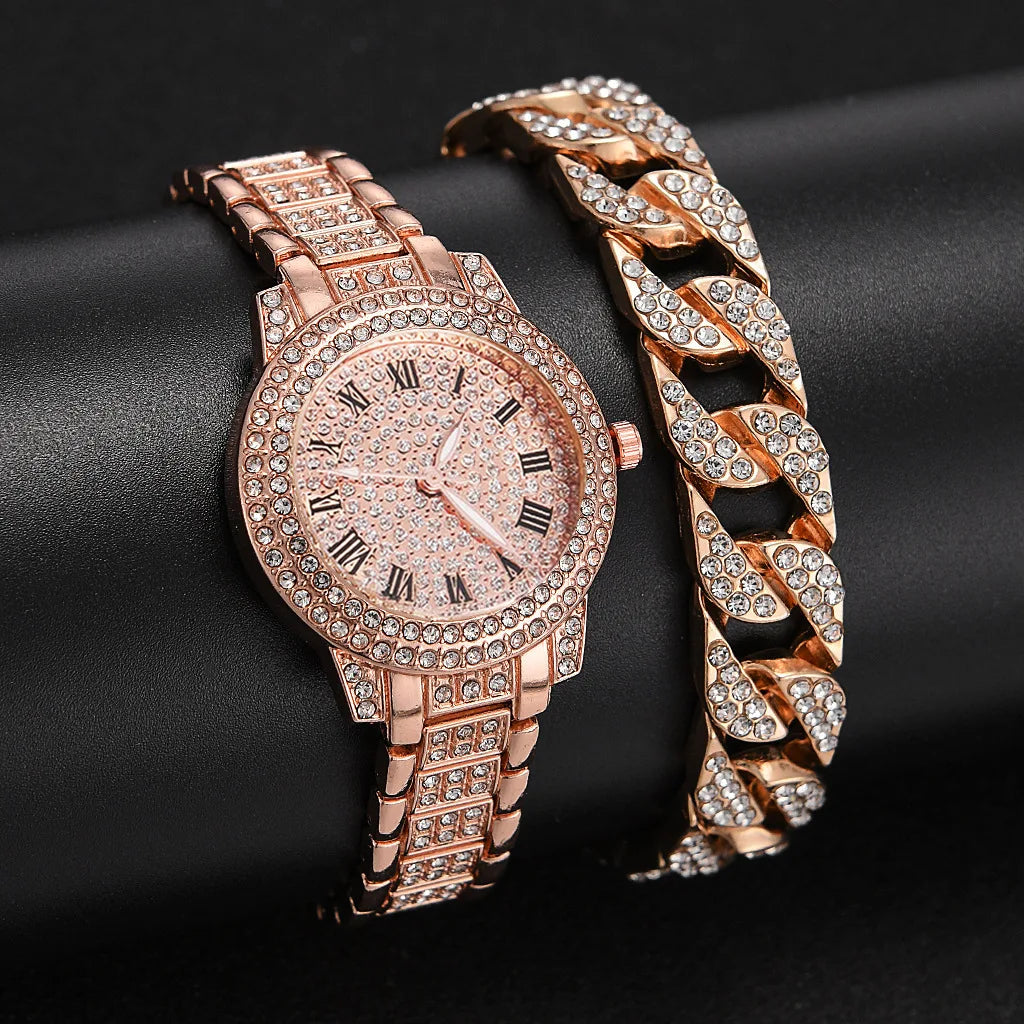 Fashion Luxury Full Crystal 5 Pcs Watch  Necklace Earrings  Ring  Set for Women Rhinestone Bracelet Set Gift