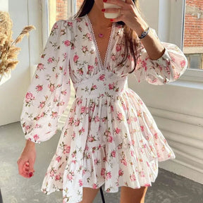 Luxury new elegant sweet print V-neck lace short long sleeve floral dress women