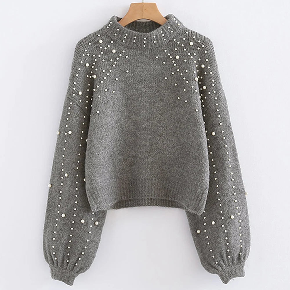 Women's Sweater Winter Elegant Simple Plain Beading Long Sleeve Stand Collar Casual Sweater