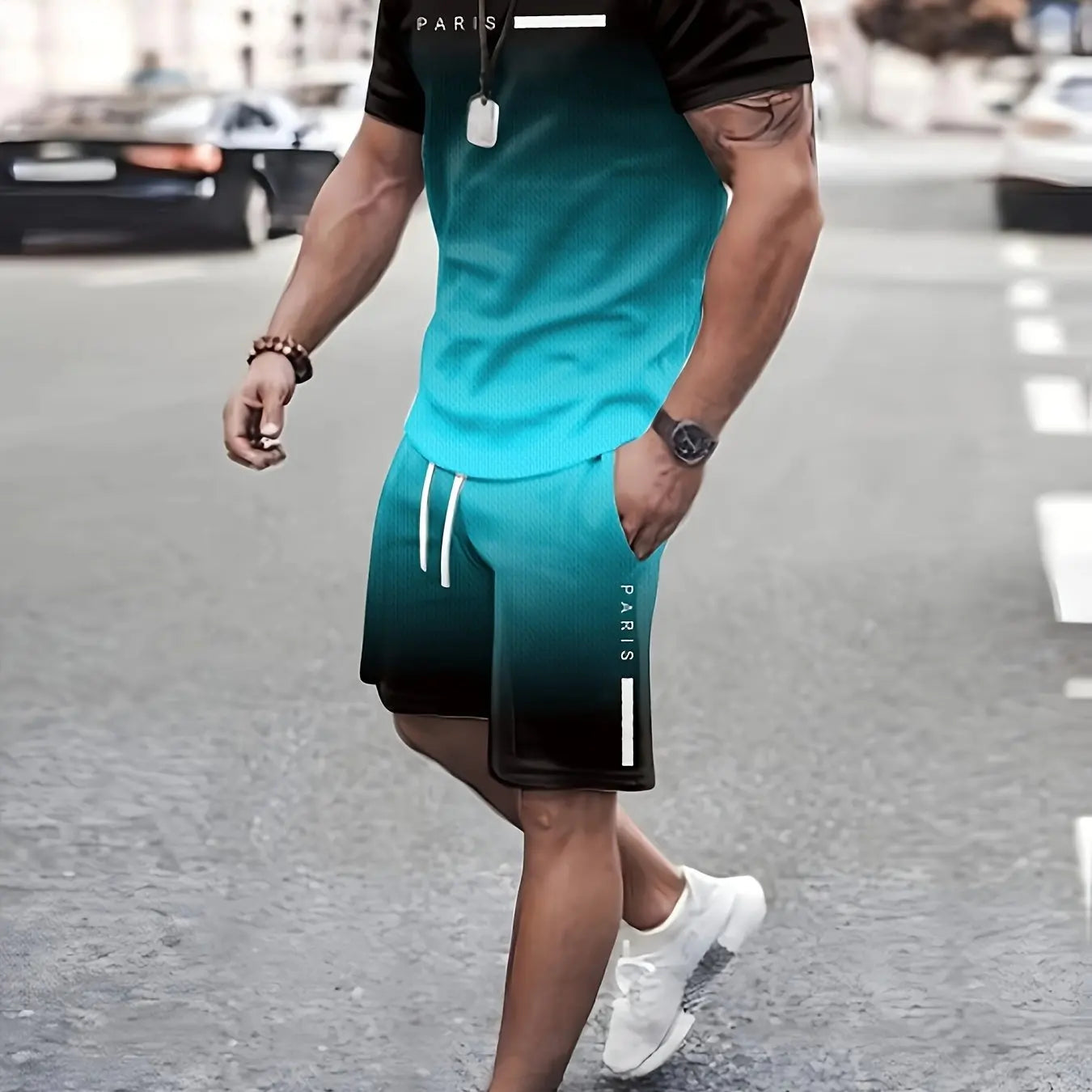 2 Piece Men's Fashion Summer Resort Clothing Set, Men's Gradient Short Sleeve T-Shirt and Pocket Drawstring Shorts Set