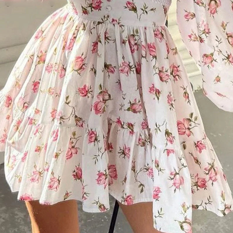 Luxury new elegant sweet print V-neck lace short long sleeve floral dress women