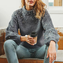 Women's Sweater Winter Elegant Simple Plain Beading Long Sleeve Stand Collar Casual Sweater