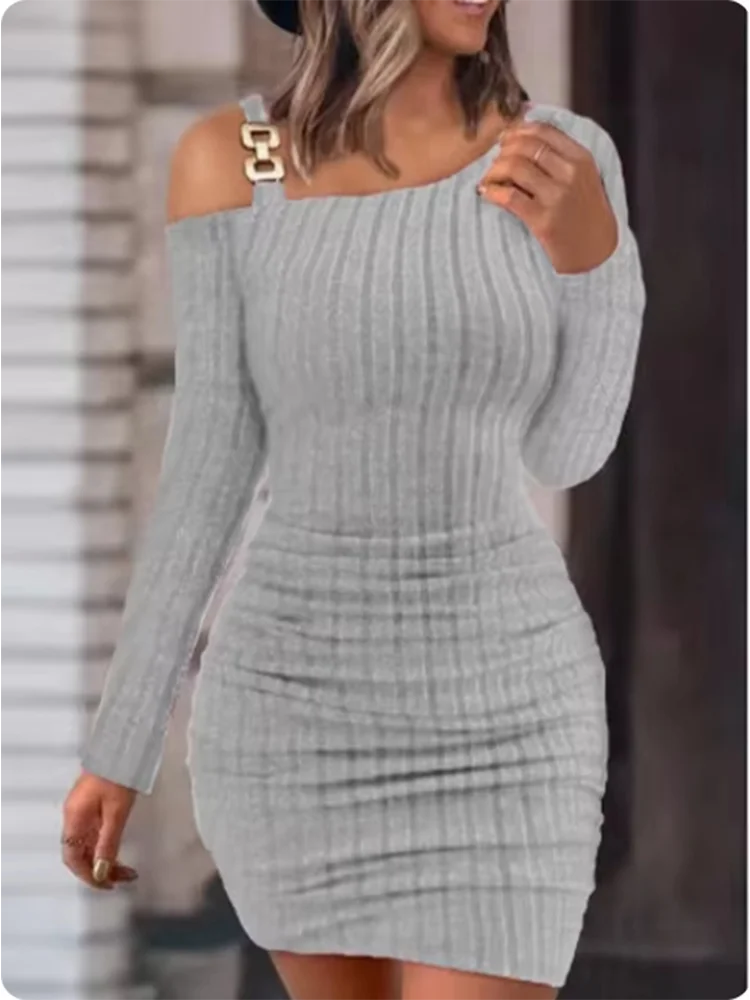 Metal Chain Solid Color Slim Dresses Women's Long Sleeved