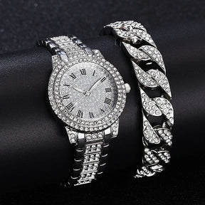 Fashion Luxury Full Crystal 5 Pcs Watch  Necklace Earrings  Ring  Set for Women Rhinestone Bracelet Set Gift