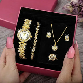 Fashion Luxury Full Crystal 5 Pcs Watch  Necklace Earrings  Ring  Set for Women Rhinestone Bracelet Set Gift