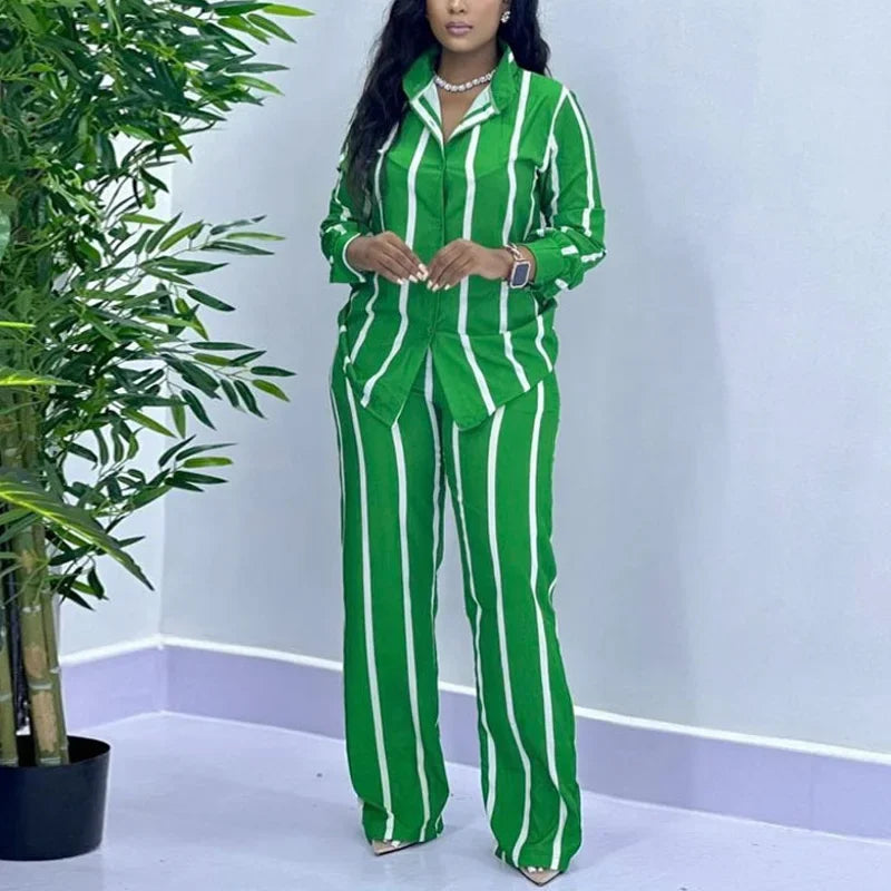 African Fashion Stripe Two Piece Set Women Spring Autumn