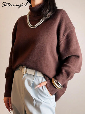 Women Turtleneck Warm Pullovers Knit Tops Brown Jumpers Women Oversized Thick Basic Women's Sweaters