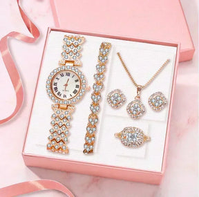 Fashion Luxury Full Crystal 5 Pcs Watch  Necklace Earrings  Ring  Set for Women Rhinestone Bracelet Set Gift