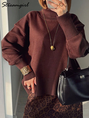 Women Turtleneck Warm Pullovers Knit Tops Brown Jumpers Women Oversized Thick Basic Women's Sweaters