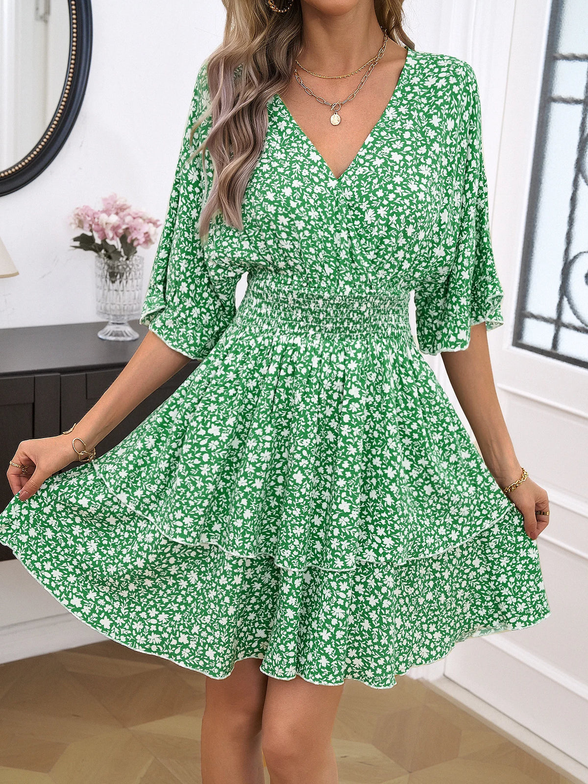 High Waist Chic Dress Fashion Floral Pleated A Line Long Dress