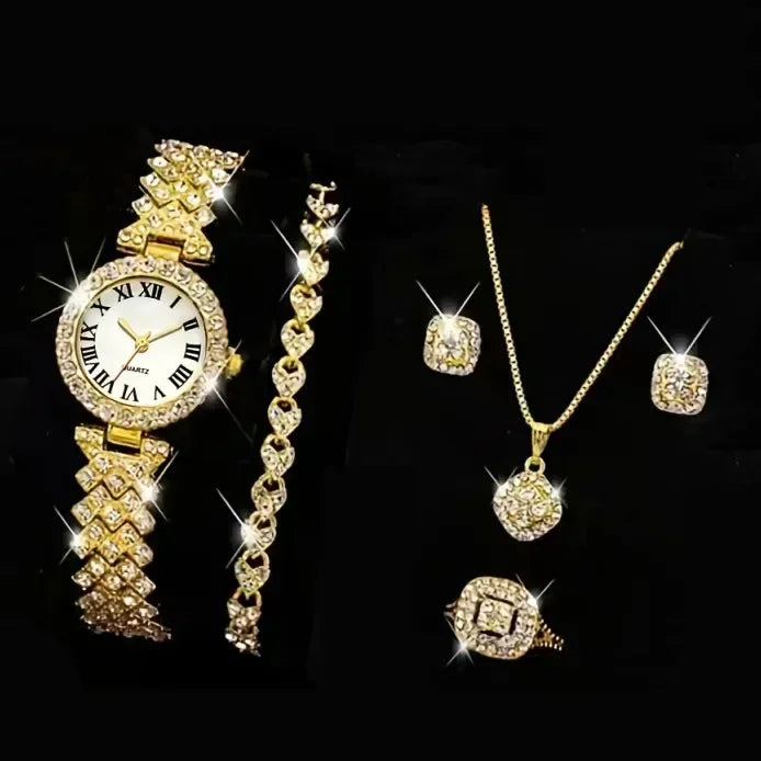 Fashion Luxury Full Crystal 5 Pcs Watch  Necklace Earrings  Ring  Set for Women Rhinestone Bracelet Set Gift