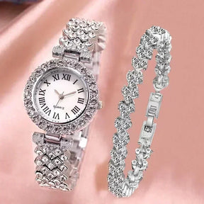 Fashion Luxury Full Crystal 5 Pcs Watch  Necklace Earrings  Ring  Set for Women Rhinestone Bracelet Set Gift