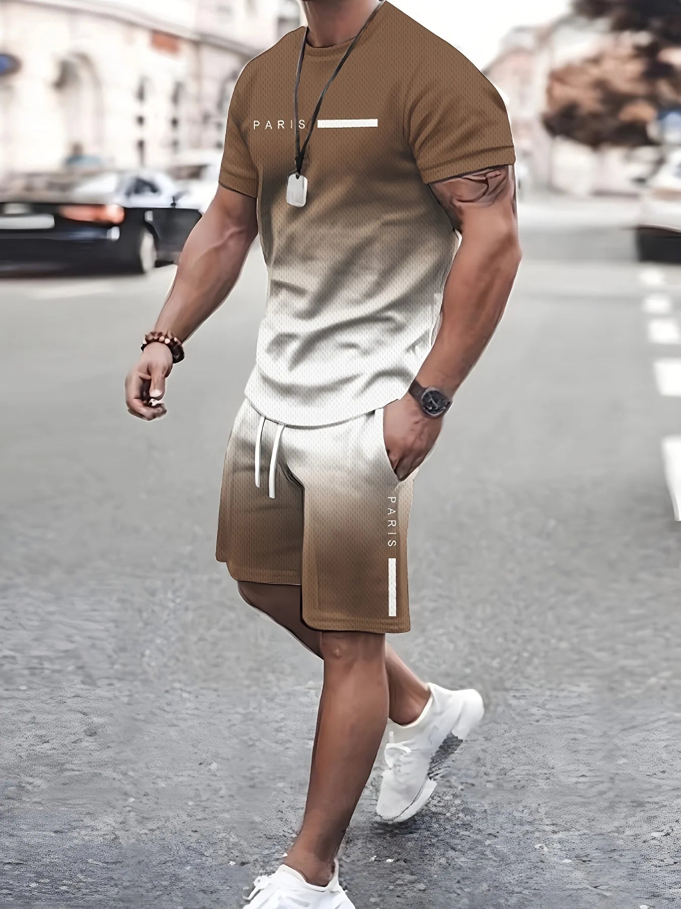 2 Piece Men's Fashion Summer Resort Clothing Set, Men's Gradient Short Sleeve T-Shirt and Pocket Drawstring Shorts Set