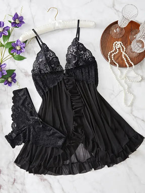 Contrast Lace Ruffle Trim Lingerie Set, Deep V Slip Dress & Thong, Women's Sexy Lingerie & Underwear