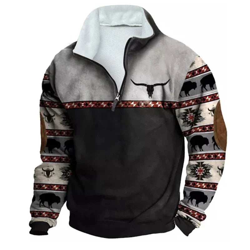 Vintage Sweatshirt For Men Ethnic Style Casual Warm Hoodie Tops Turtleneck Zipper Jacket Pullover Harajuk Fleece Sweatshirts