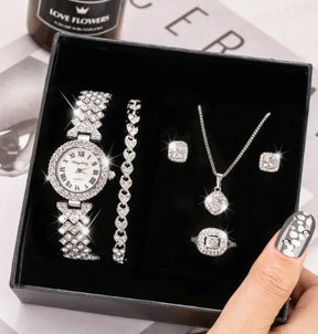 Fashion Luxury Full Crystal 5 Pcs Watch  Necklace Earrings  Ring  Set for Women Rhinestone Bracelet Set Gift