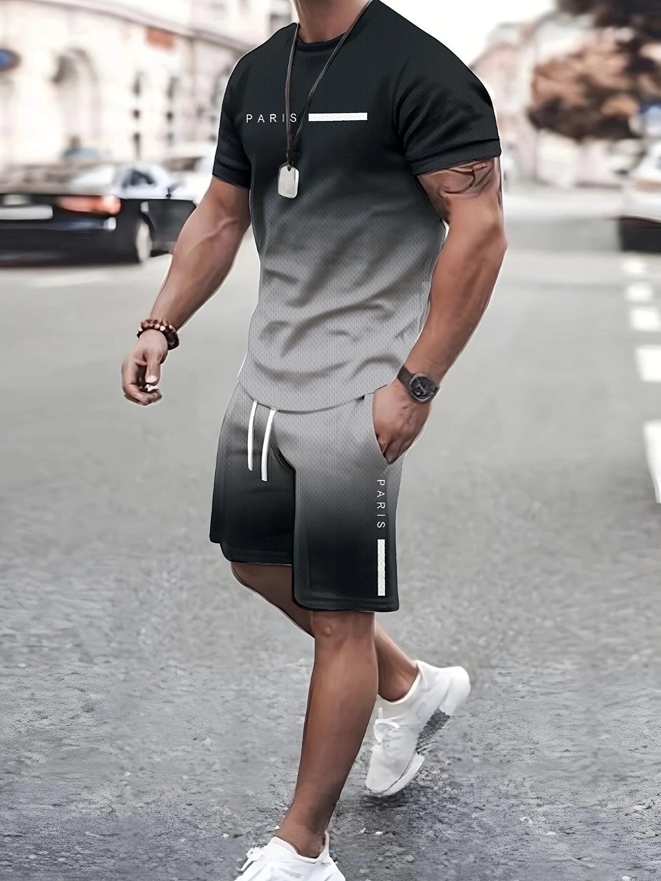 2 Piece Men's Fashion Summer Resort Clothing Set, Men's Gradient Short Sleeve T-Shirt and Pocket Drawstring Shorts Set