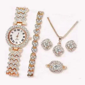 Fashion Luxury Full Crystal 5 Pcs Watch  Necklace Earrings  Ring  Set for Women Rhinestone Bracelet Set Gift