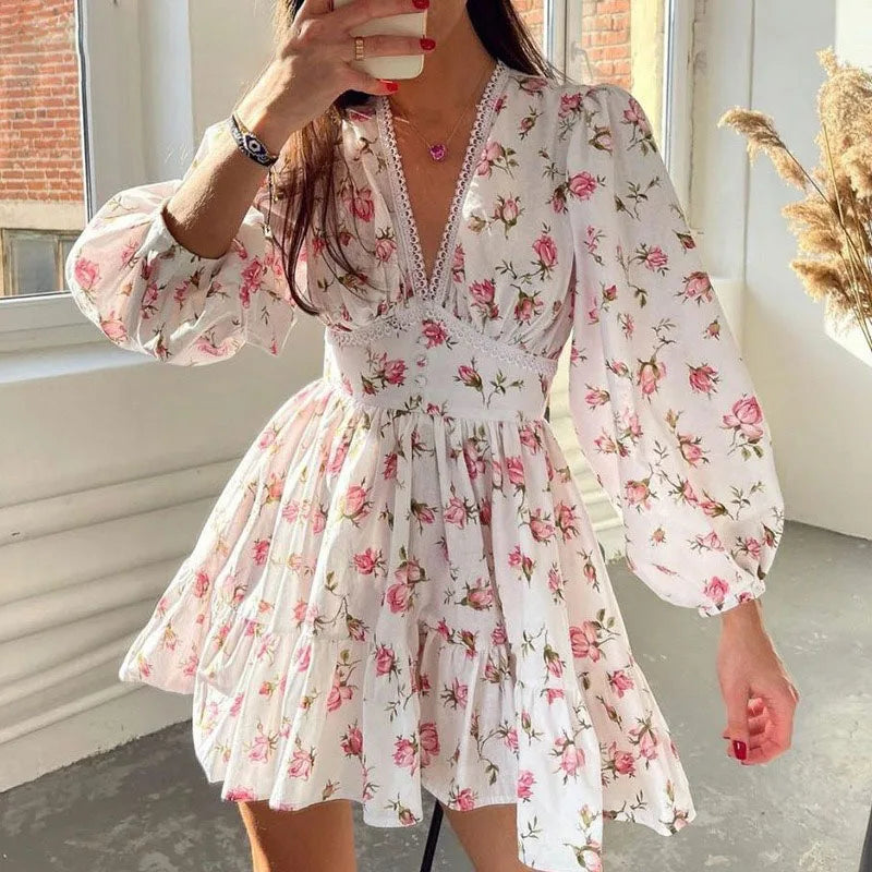 Luxury new elegant sweet print V-neck lace short long sleeve floral dress women