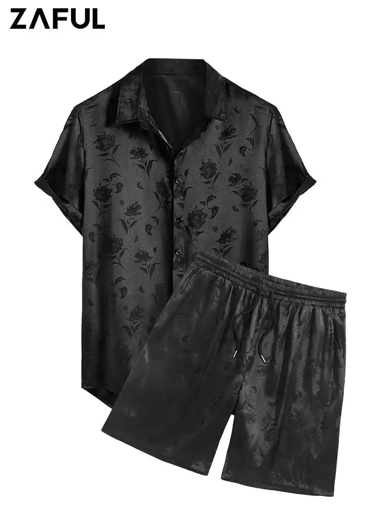 Two Piece Set Jacquard Silky Satin Floral Print Rose Pattern Short Sleeve Shirt with Elastic Mid-waist Shorts Set