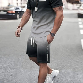 2 Piece Men's Fashion Summer Resort Clothing Set, Men's Gradient Short Sleeve T-Shirt and Pocket Drawstring Shorts Set