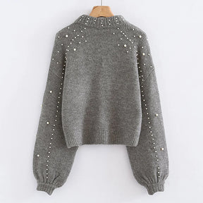 Women's Sweater Winter Elegant Simple Plain Beading Long Sleeve Stand Collar Casual Sweater