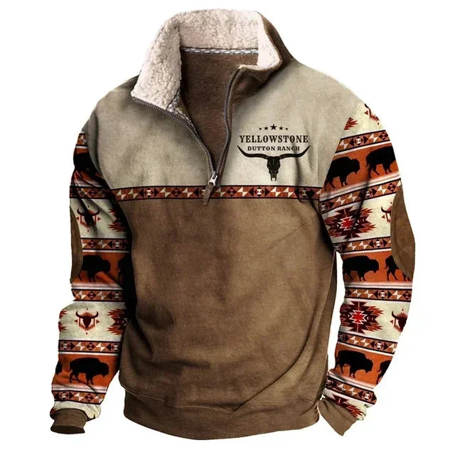 Vintage Sweatshirt For Men Ethnic Style Casual Warm Hoodie Tops Turtleneck Zipper Jacket Pullover Harajuk Fleece Sweatshirts