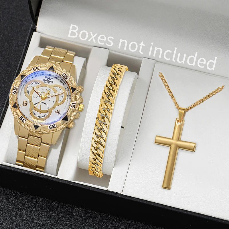 3pcs/set Fashion Men's Watch Set, Casual Business Quartz Watch with Necklace and Bracelet Set, Gift for Yourself, Boyfriend, Dad