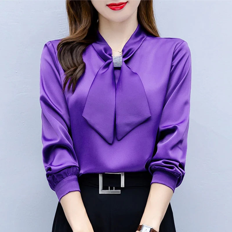 Women Bow Collar Chiffon Blouse Shirt