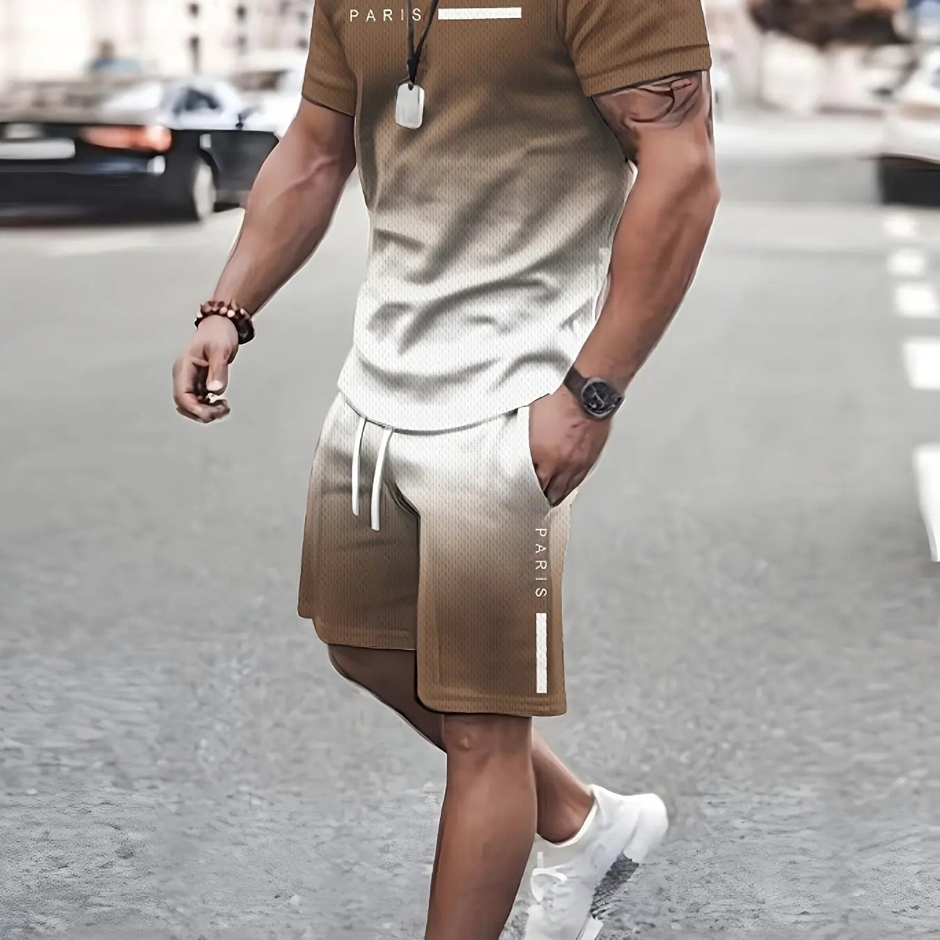 2 Piece Men's Fashion Summer Resort Clothing Set, Men's Gradient Short Sleeve T-Shirt and Pocket Drawstring Shorts Set