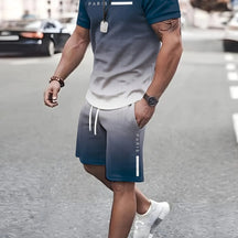 2 Piece Men's Fashion Summer Resort Clothing Set, Men's Gradient Short Sleeve T-Shirt and Pocket Drawstring Shorts Set