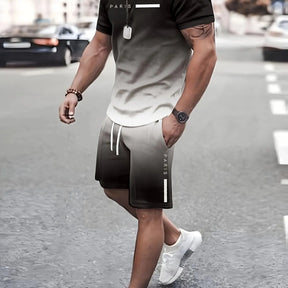 2 Piece Men's Fashion Summer Resort Clothing Set, Men's Gradient Short Sleeve T-Shirt and Pocket Drawstring Shorts Set