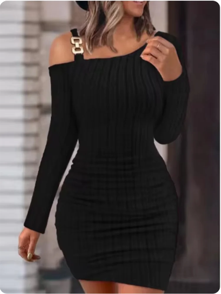 Metal Chain Solid Color Slim Dresses Women's Long Sleeved