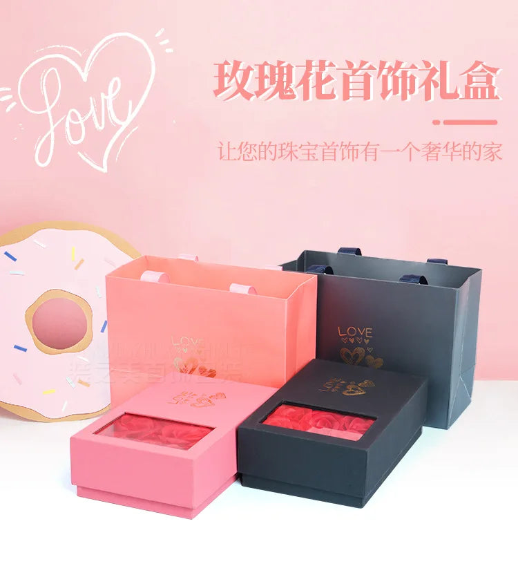 Valentine's Day 6 Rose Pendants Ring Bracelet Eternal Flower Window Opening Jewelry Box Romantic Jewelry Gift Packaging Box Bag