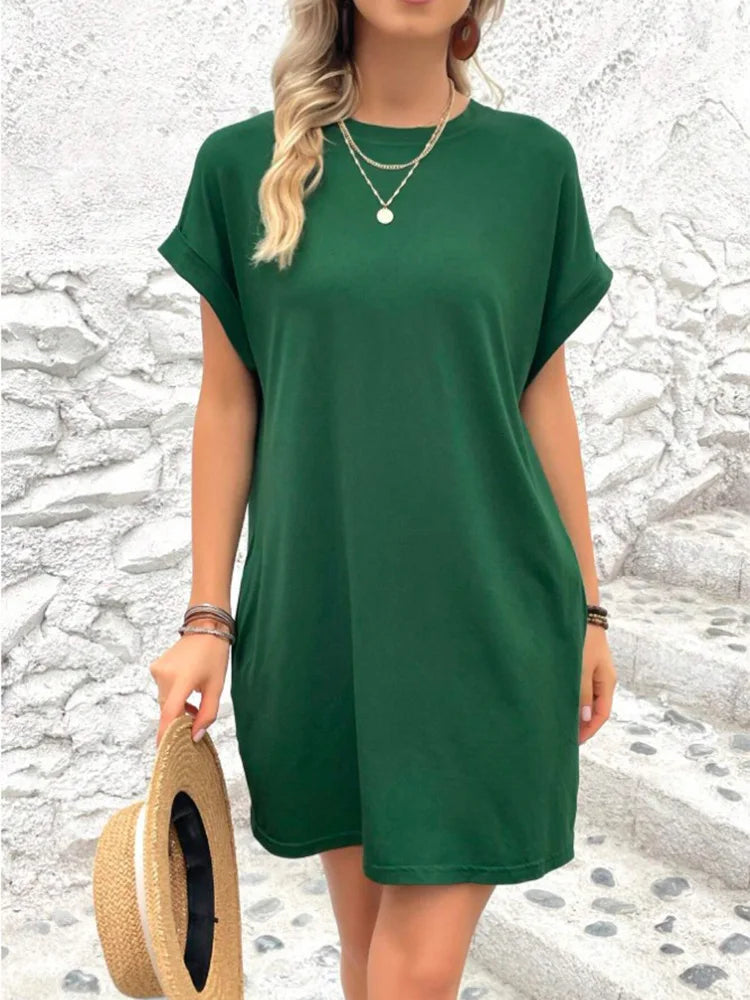 Pure Color Minimalist T-Shirt Short Dress Women Summer Round Neck Pocket Loose Dresses Robe