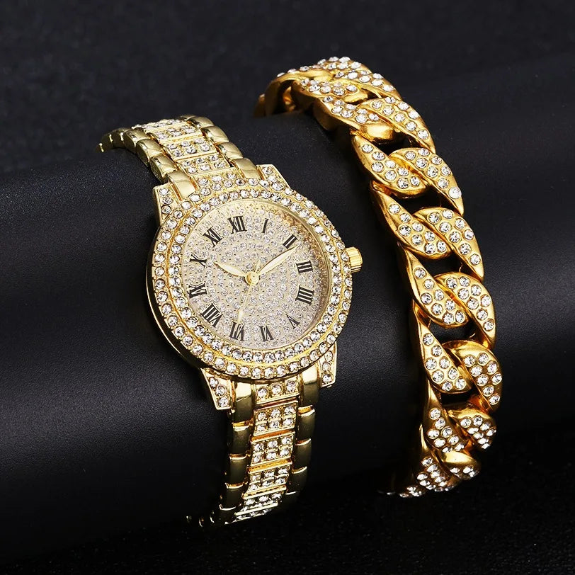 Fashion Luxury Full Crystal 5 Pcs Watch  Necklace Earrings  Ring  Set for Women Rhinestone Bracelet Set Gift