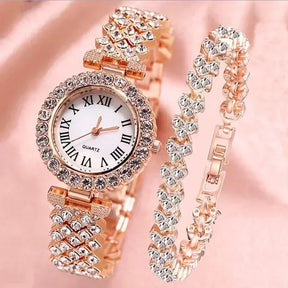 Fashion Luxury Full Crystal 5 Pcs Watch  Necklace Earrings  Ring  Set for Women Rhinestone Bracelet Set Gift