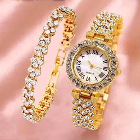 Fashion Luxury Full Crystal 5 Pcs Watch  Necklace Earrings  Ring  Set for Women Rhinestone Bracelet Set Gift